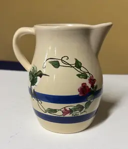 Robinson-Ransbottom Cream and Blue Hummingbird Pitcher Roseville, OH 6.25” tall