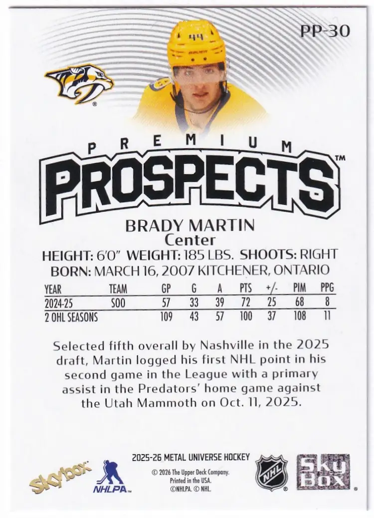 2025-26 Metal Universe Skybox Premium Prospects #PP30 Brady Martin Nashville Predators Hockey Card