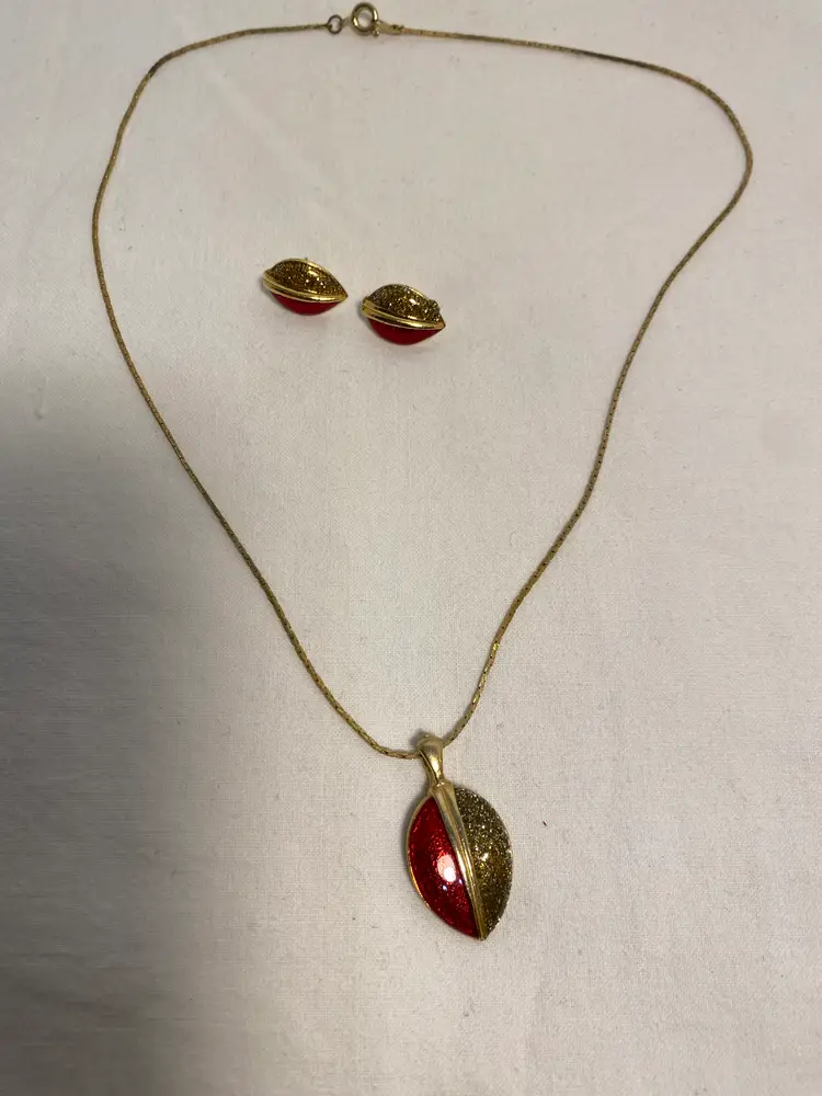 1960’s Royal Gold and Red Enameled Necklace and Earrings