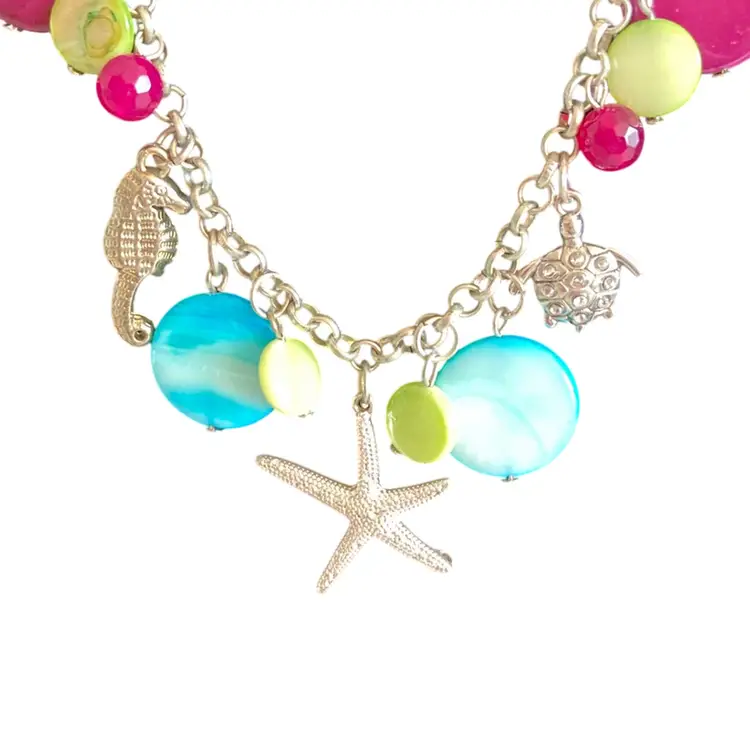 Vintage Colorful Carved Shell Bead And Sea Creature Charm Necklace