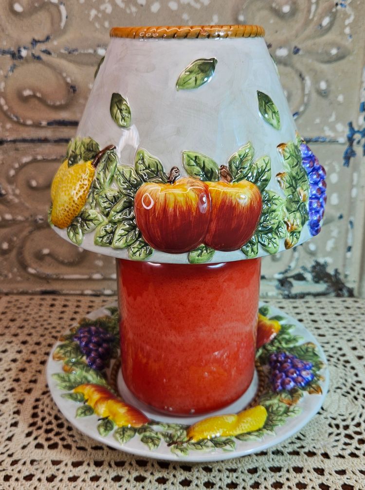 Salt City Candle Topper Shade & Matching Plate Embossed Fruit Colorful 8" (read)