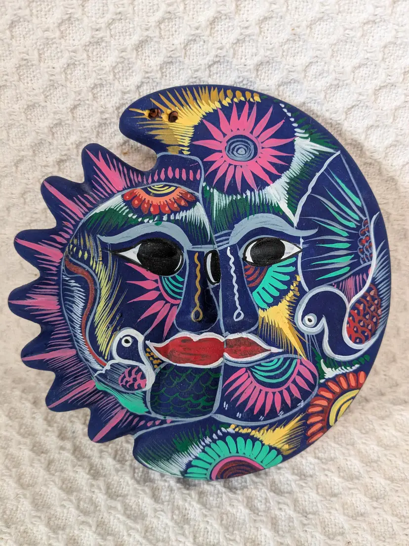 Celestial Sun Moon Face Folk Art Talavera Pottery Hand Painted Anthropomorphic