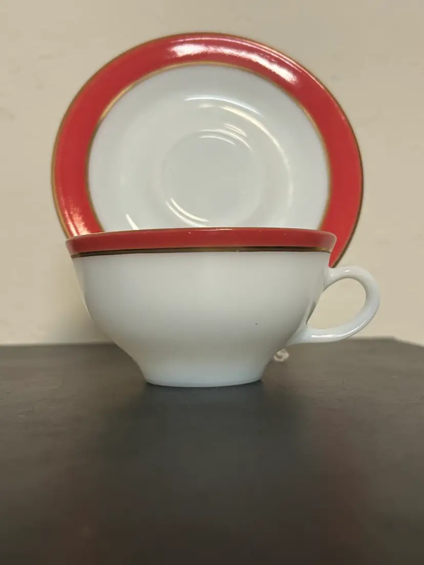 Vtg Flamingo Pink Gold Band Pyrex Teacup & Saucer