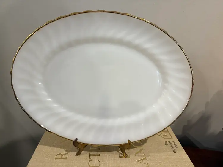 Anchor Hocking Fire King White Swirl Milk Glass 13" Oval Platter with Gold Trim