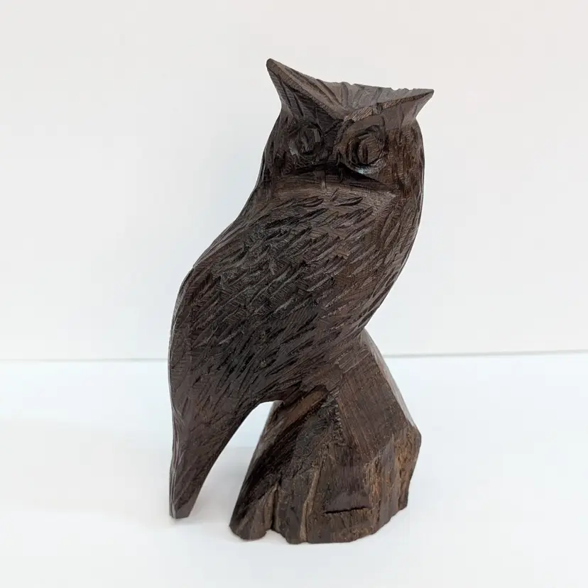 Vintage Hand Carved Dark Wooden Detailed Owl Statue Sculpture 6.5” In Height