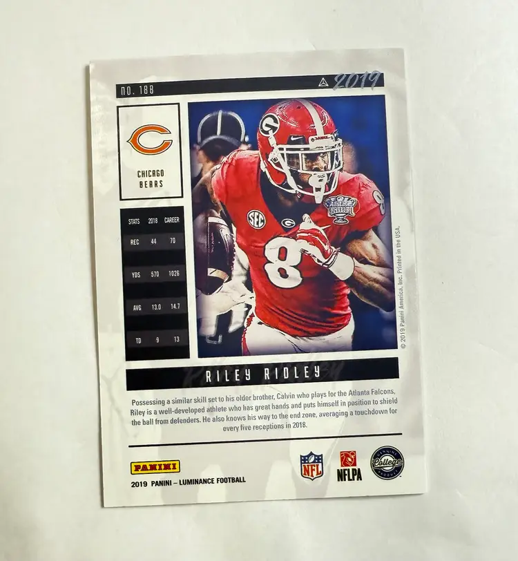Riley Ridley 2019 Panini Luminance RC #188 Blue Foil 47/99 Rookie Chicago Bears