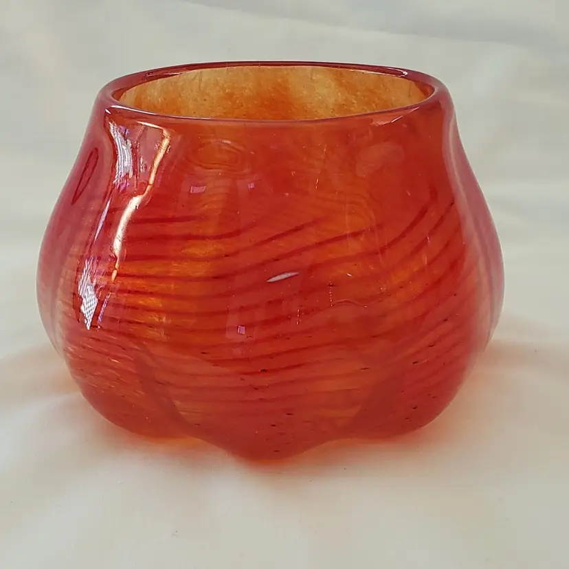 Art Glass Swirled Amber Bowl Hand Blown Signed 3 3/8" tall