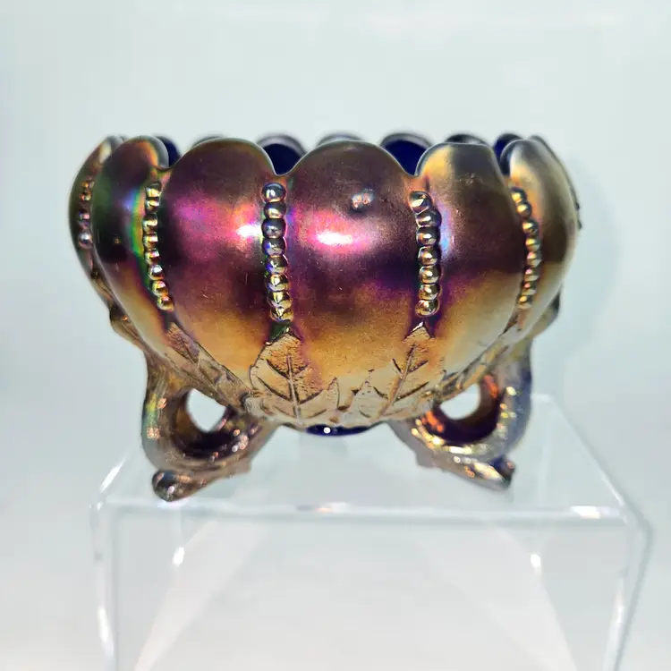 Northwood Carnival Glass Rose Bowl Footed Sapphire Blue Leaf and Bead Pattern Marked