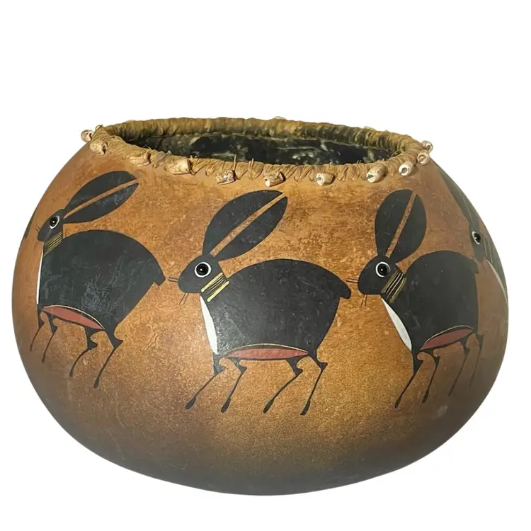 Hand-Painted Apache Gourd Bowl by Robert Rivera “Rabbits”