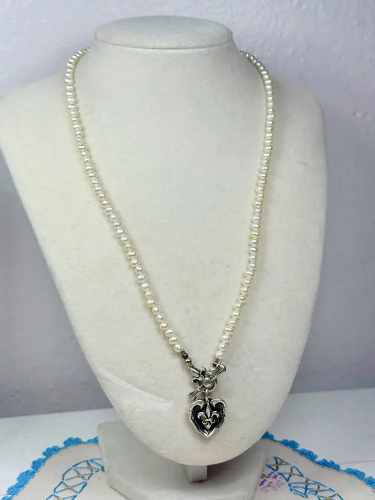 Jose Bali Sterling Silver Genuine Pearls Fleur De Lis  Necklace