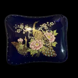 Vintage Royal Blue Asahi Japan Porcelain Trinket Box With Peacocks And Beautiful Floral Flower Design.