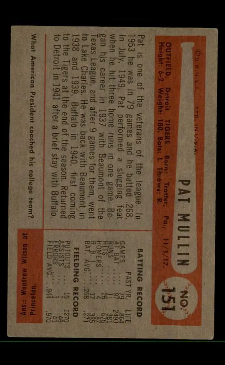 1954 Bowman #151 Pat Mullin - (pk-tl3) - Detroit Tigers