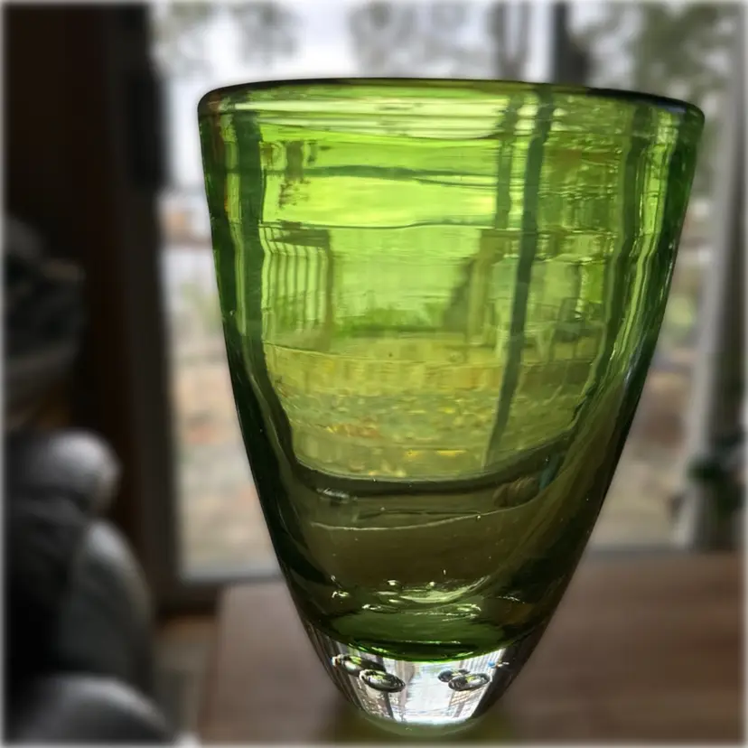 Vintage KROSNO Green Glass 4 Suspended Bubble In Base Hand Blown Art MSM. Made In Poland