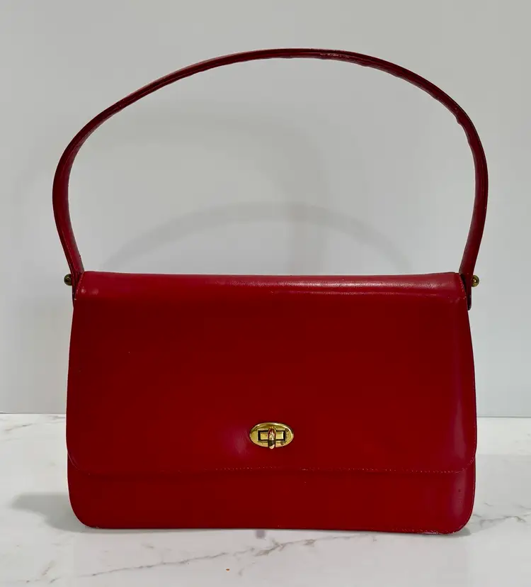Vintage 1950s 60s Red Leather Evening Handbag Purse Brass Hardware
