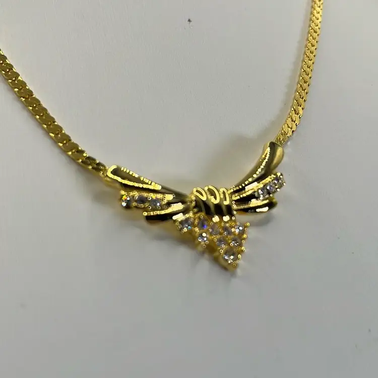 Dressy Gold Tone Necklace With Rhinestones 16” Long Shuttering Ring Clasp