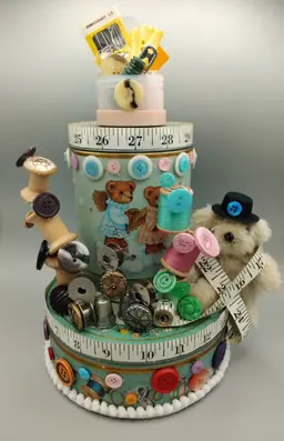 Sewing Essamblage, Whimsical double tin tiered sewing themed Essamblage