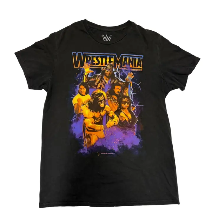 WWE Wrestlemania Wrestlers Collage Yellow Tint Retro Black T-Shirt - Small