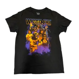 WWE Wrestlemania Wrestlers Collage Yellow Tint Retro Black T-Shirt - Small