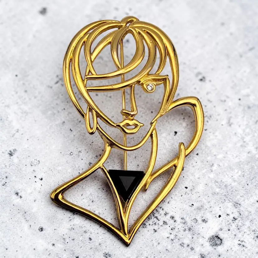 Lady's Face Head Openwork Cutout Winking Rhinestone Eye Gold Tone JJ Pin Brooch