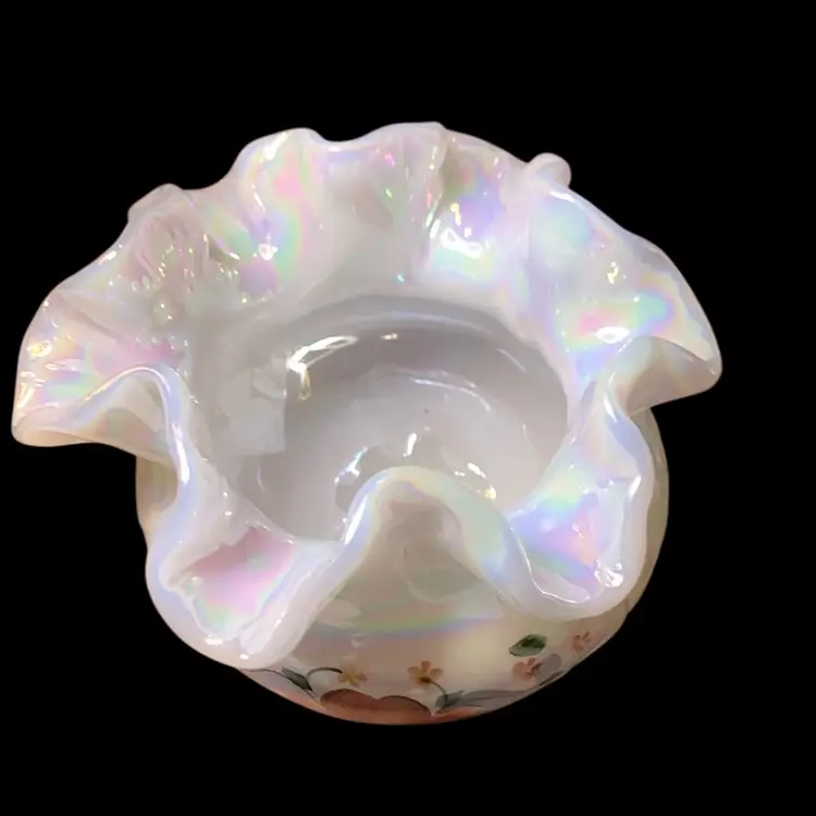 10. Fenton Glass White Opalescent Rose Bowl Vase -Hand Painted Heart, Roses & Ribbon