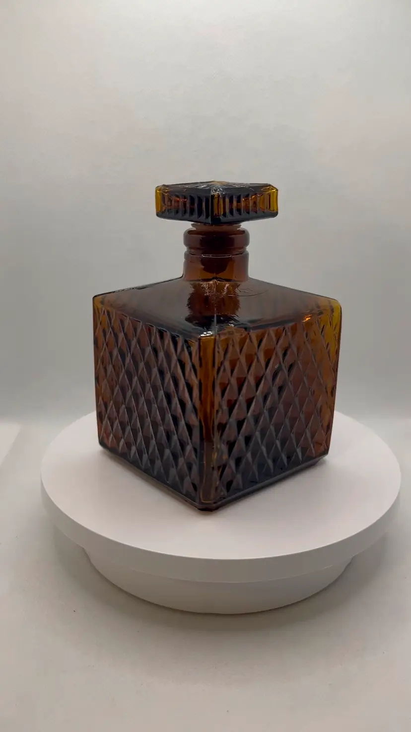 Vintage Amber Glass Square Diamond Point Decanter Bottle W/ Stopper MCM Barware, Fall Decor
