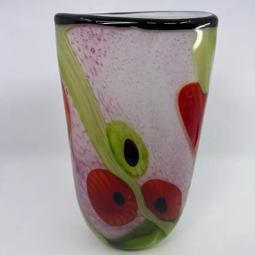 Gorgeous Art Glass Vase With Poppy 12”