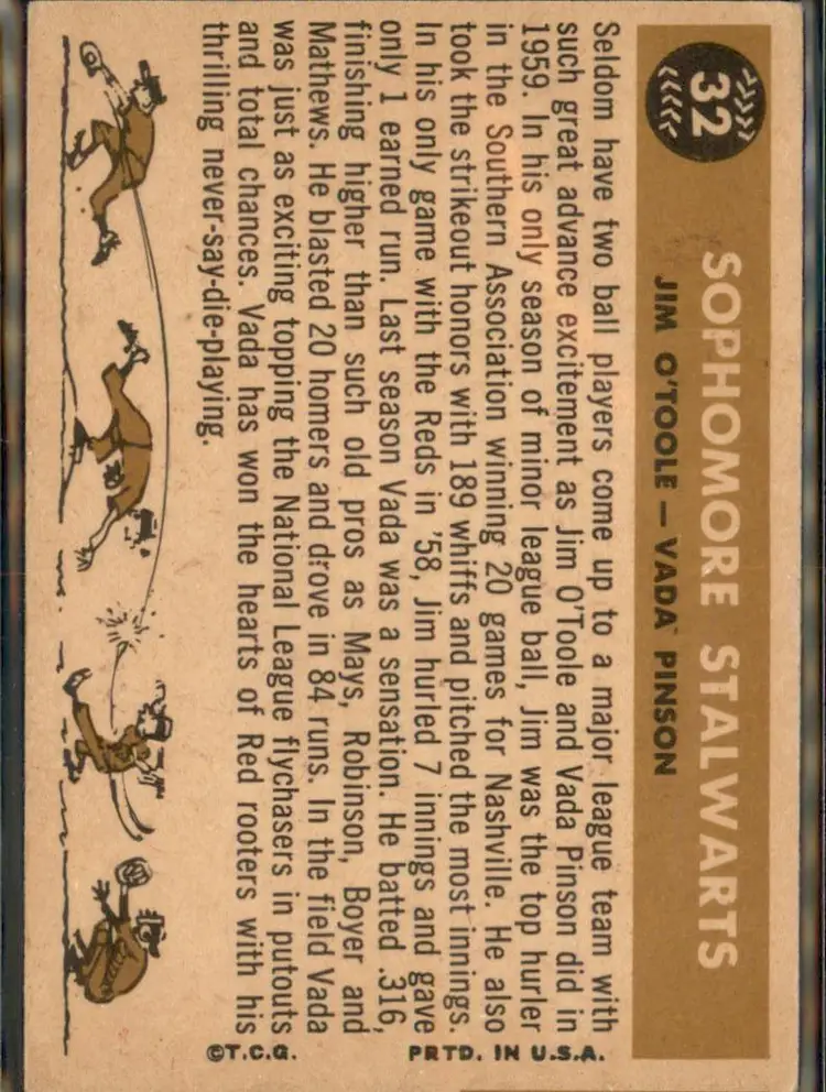 1960 Topps #32 Sophomore Stalwarts (Jim O'Toole / Vada Pinson) CPC - (pk3) - Cincinnati Reds