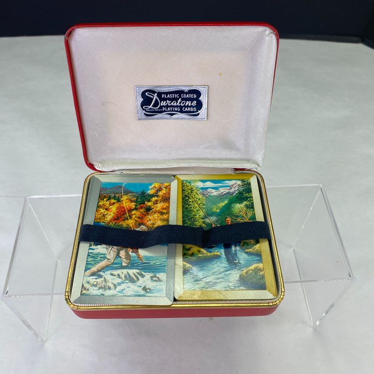 Vintage Duratone 2 Deck Playing Cards Hard Case Fishing