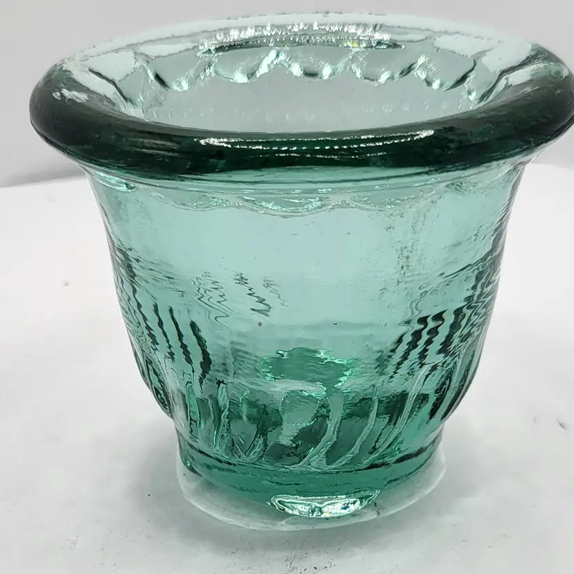 Green Glass Swirl Pattern Votive Candle holder/ Toothpick Holder Scalloped 4.5" Recycled Glass