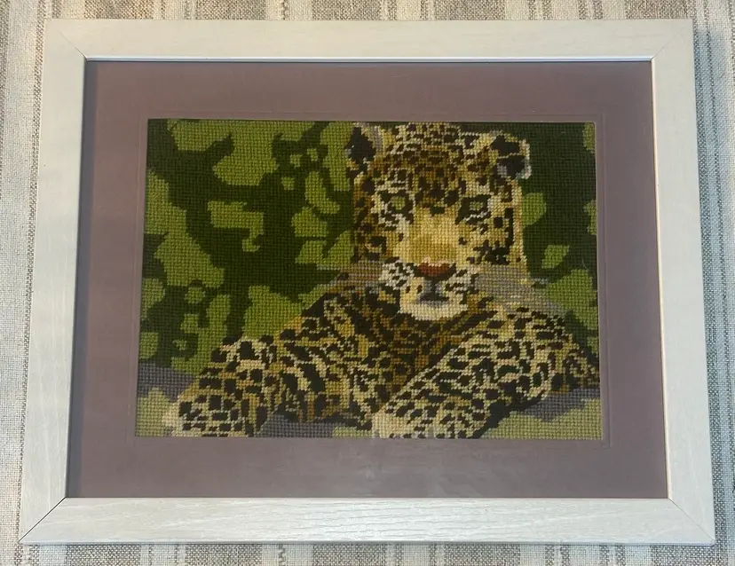 Vtg Framed Leopard Needlepoint Cheetah Cat Safari Wall Art Embroidery Decor