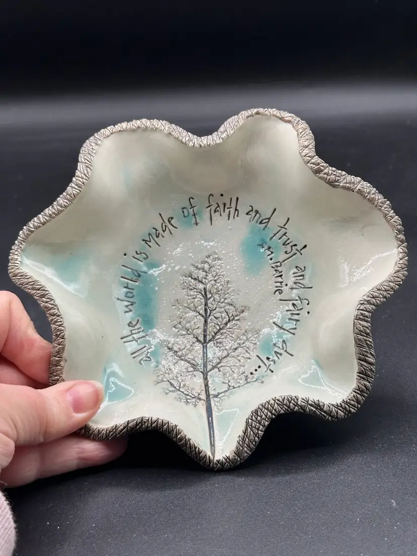 Hand Crafted Art Pottery Bowl W/ JM Barrie’s Peter Pan Quotes Signed