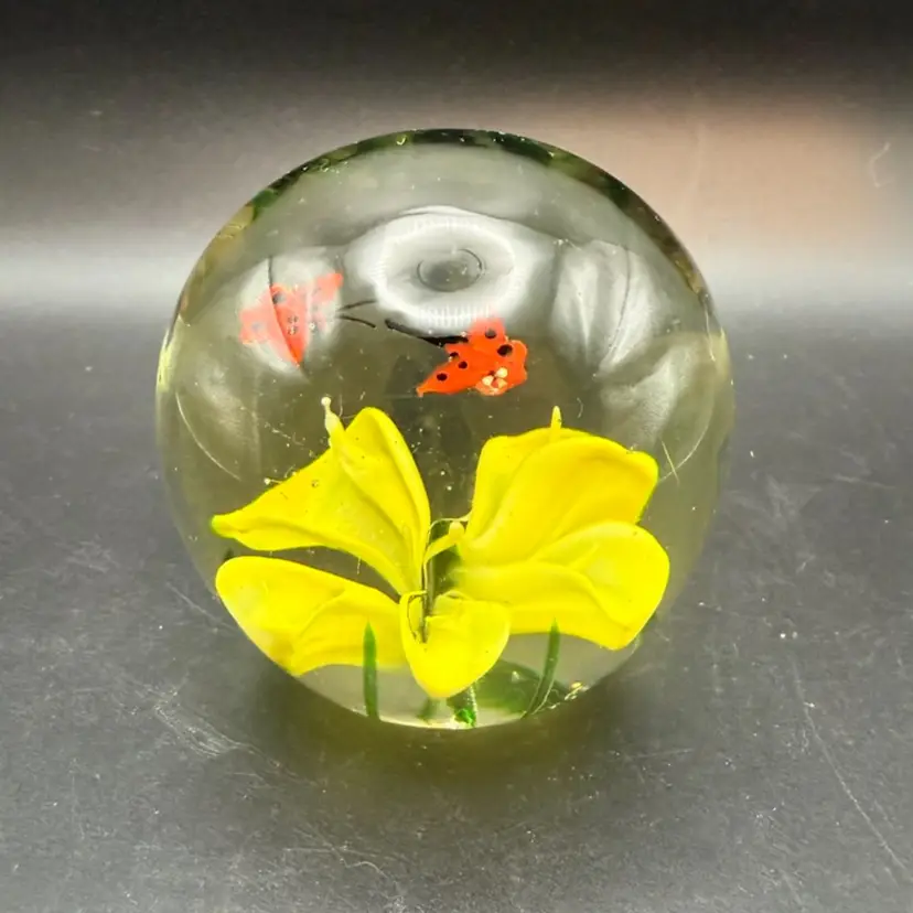 Hand-Blown Art Glass Paperweight With Yellow Flower And Orange Butterflies