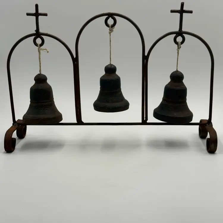 Rustic Spanish Style Hanging Church Mission Bells Wrought Iron Stand Tabletop Decor.