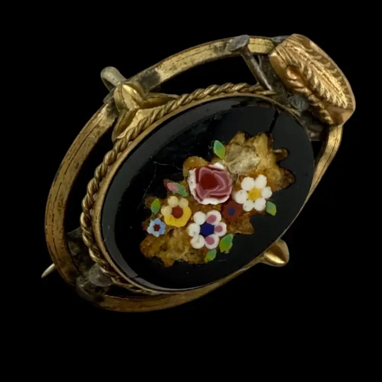 Antique Victorian Pietra Dura Inlaid Micro Mosaic Gold Tone Brooch Pin Pendant As Is