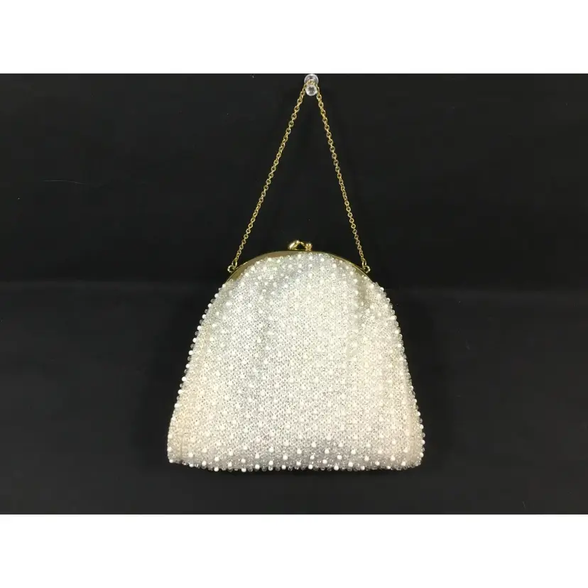 Vintage beaded evening bag, small, white, lined, white and clear beads, clean
