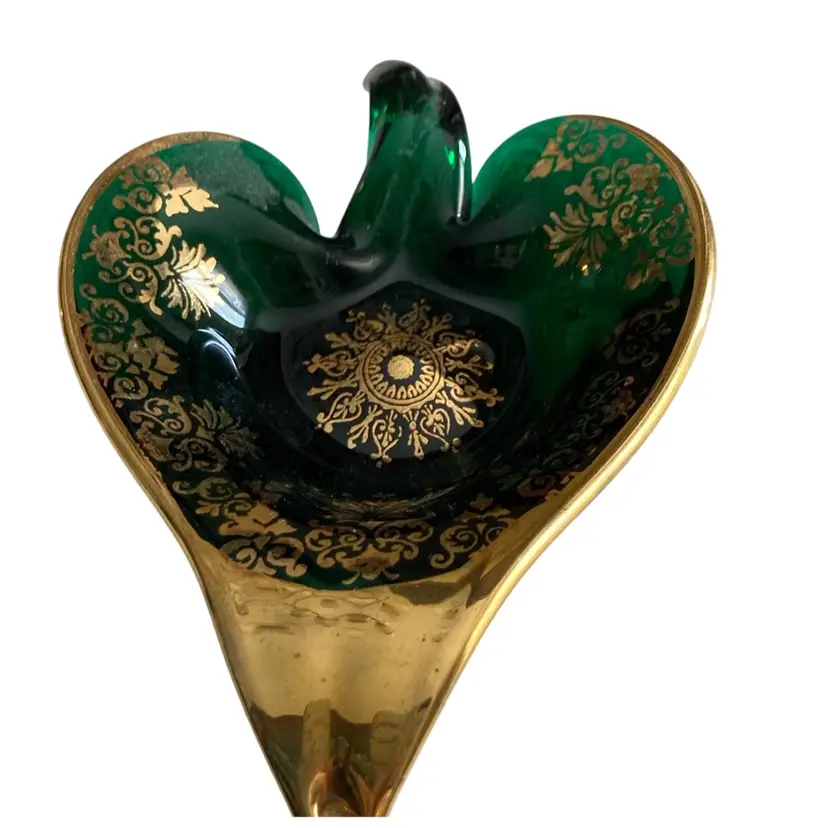 Vintage Green Glass Bowl With Gold Embellishments