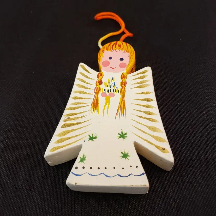 Wood Angel Folk Art Hanging Ornament Handpainted unbranded 2 1/2" long Vintage