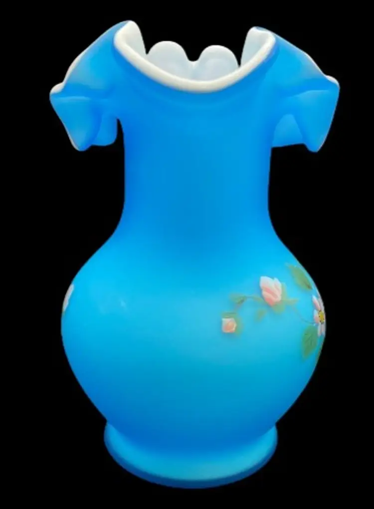 Fenton for LG Wright Blue Satin Cased Glass Pitcher Hand Painted Flowers Signed