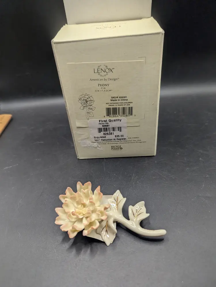 Vintage Lenox Brooch Pin Peony Flower Gold Rose Pink Cream Lenox Floral NIB