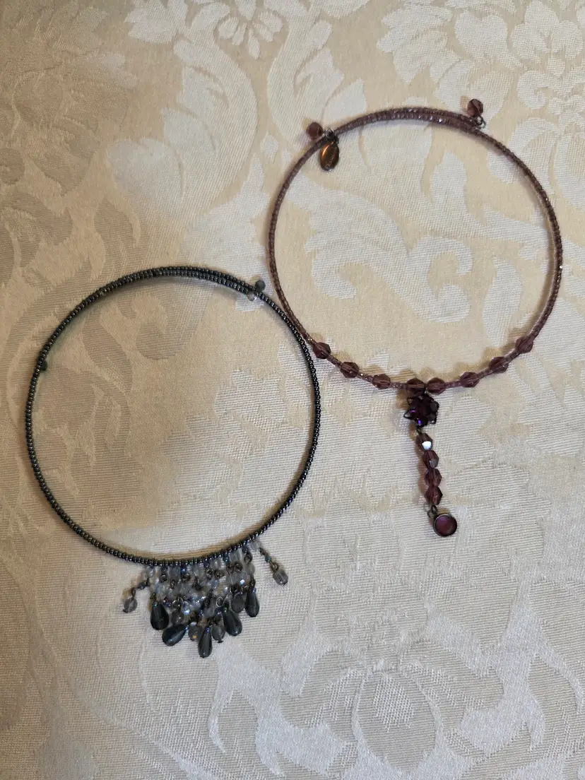 Two Vintage Wired Bead Choker Necklaces gray/blue and burgundy