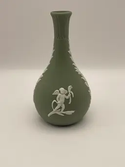 Vintage, Wedgwood/Jasperware, Sage Green, Bud Vase, Cherubs, Lily of the Valley, 5” Tall