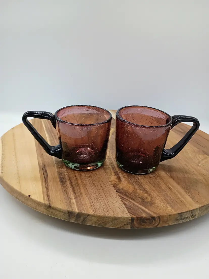 Set of 2 Hand Blown Art Glass Amethyst with Applied  Handle 8 OZ Mugs