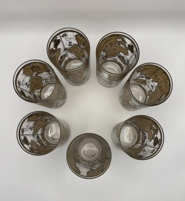 Vintage MCM Cera 22K Gold “Old World Map” Highball Cocktail Glasses 1960's Set Of 7