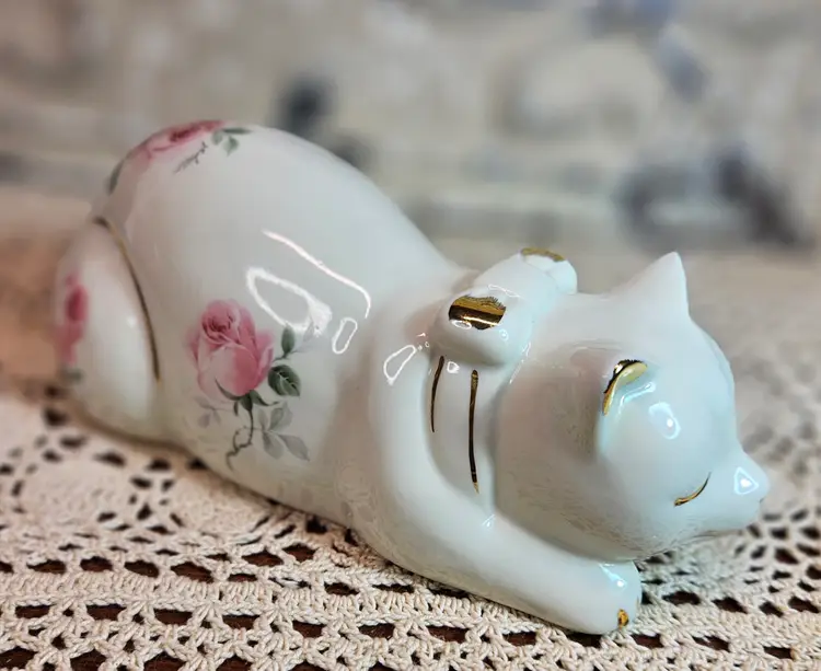 Vintage Porcelain Sleeping Cat Figurine Pink Rose Pattern w/ Gold Detailing