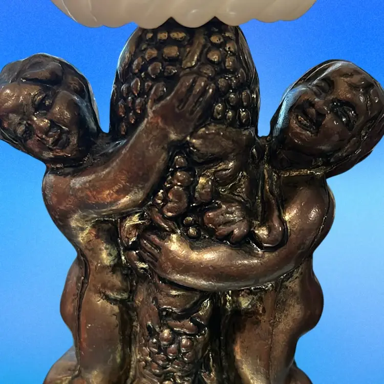 Antique bronze cherub pedestal with a milk glass candy dish. 1900-1920 Victorian Era, 6.5” Tall No Chips Or Cracks Christmas Gift Decoration