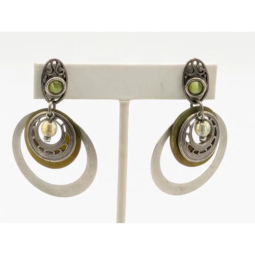 Silver Tone Hoop Earrings with Green Abalone/MOP Accents