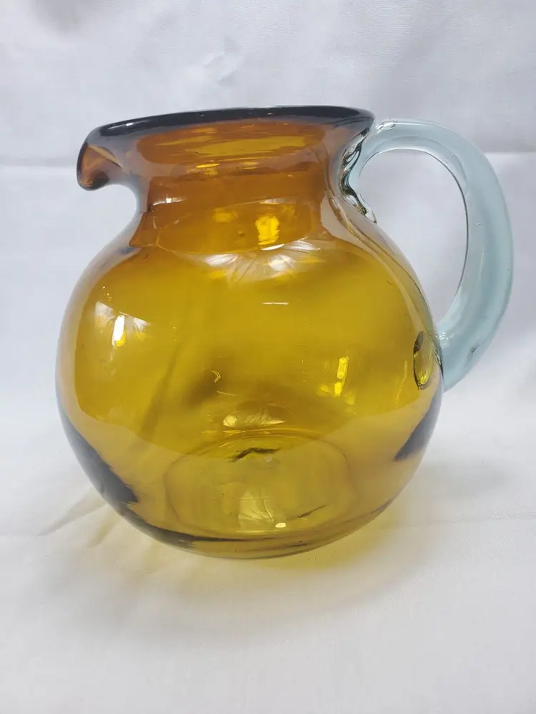 Vintage Hand Blown Amber Glass Pitcher W/ Aqua Blue Handle 6 3/4"