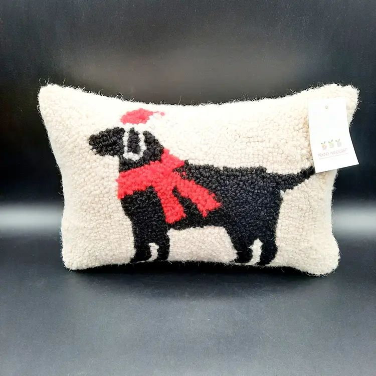 Christmas Black Lab Dog with Red Scarf Hooked Pillow Peking Handicraft