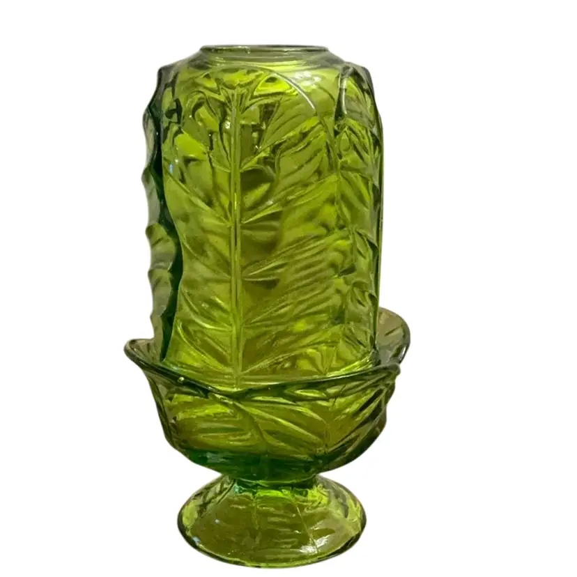 HTF 2-piece Green Viking Glass Epic Cabbage Leaf Pattern Fairy Lamp 6 3/4” X 4”