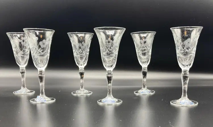 W.T. Grant Handcut Liqueur Glasses - Set of 6 Etched - New Old Stock - Vintage